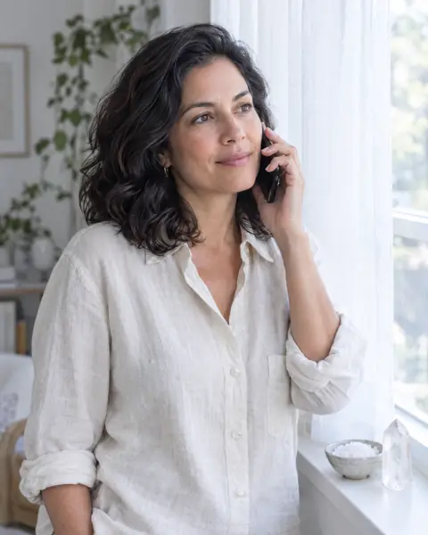 Carla ao telefone perto da janela