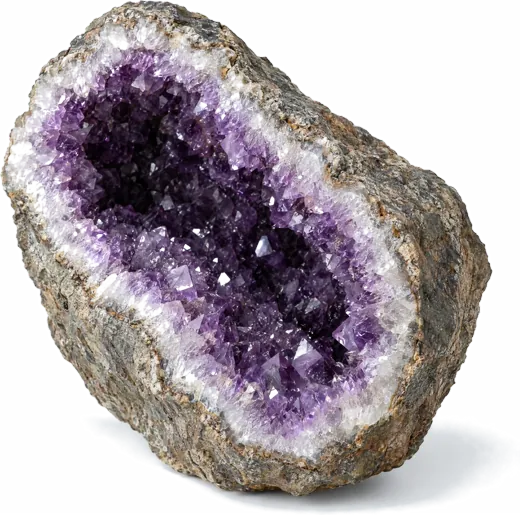 Pedra aberta ao meio, com o interior brilhante à mostra